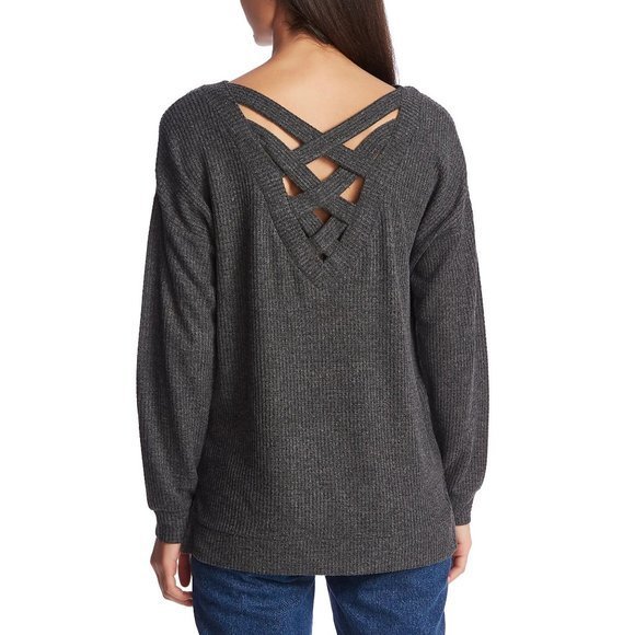 1.STATE Lattice V-Back Waffle Weave Sweater - Picture 2 of 4